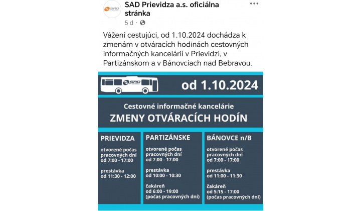 Cestovné informačné kancelárie SAD - Zmeny otváracích hodín