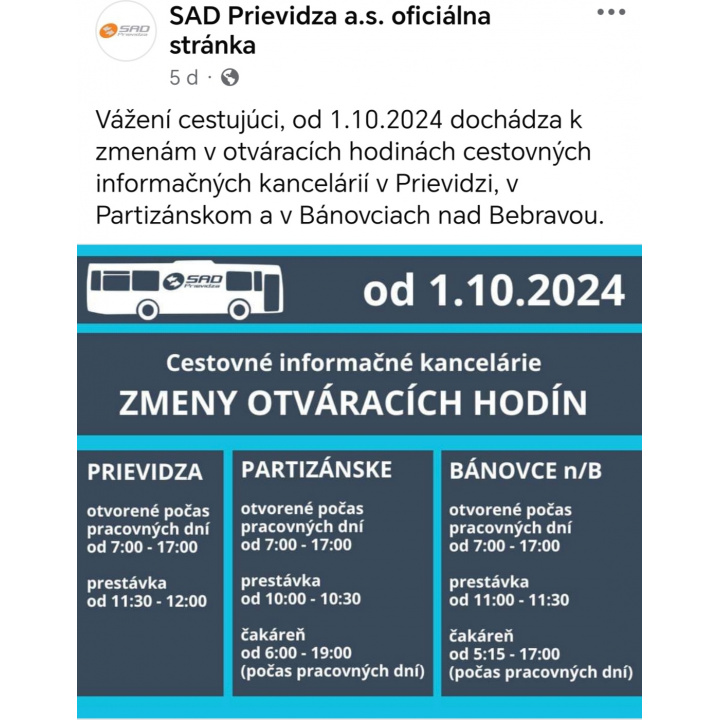 Cestovné informačné kancelárie SAD - Zmeny otváracích hodín