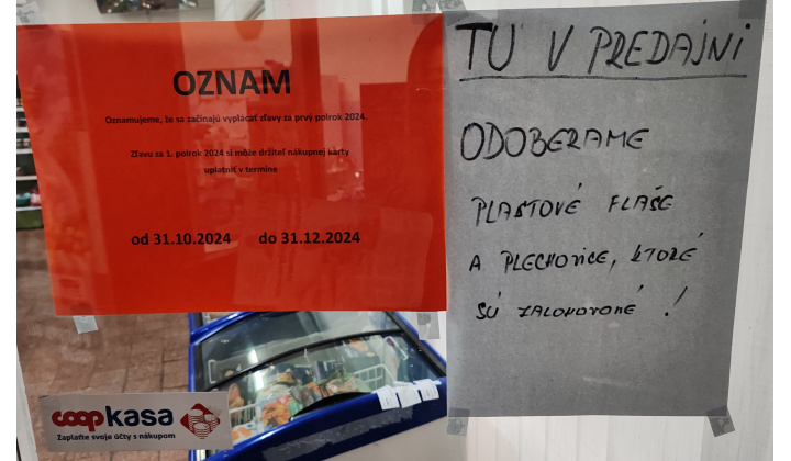 COOP Jednota Veľké Držkovce - Vyplácanie zliav za 1. polrok 2024 a odoberanie zálohovaných PET fliaš a plechoviek v predajni