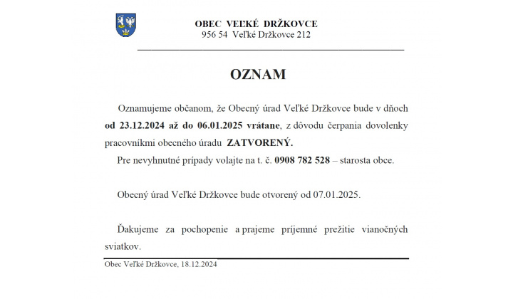 Obecný úrad počas vianočných sviatkov - oznam