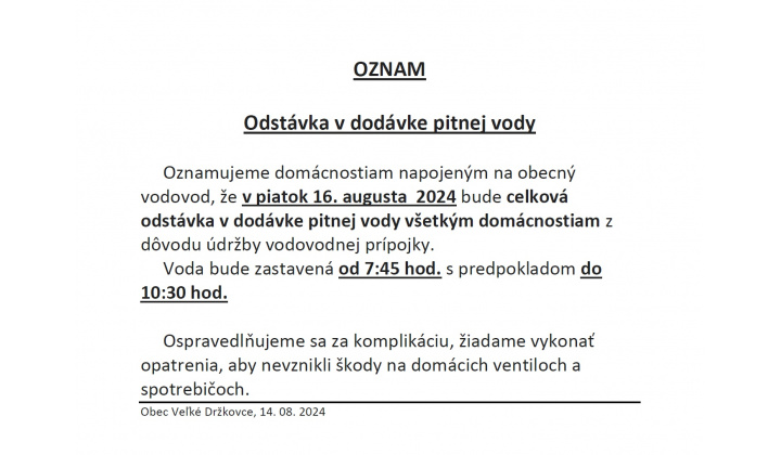 Odstávka v dodávke pitnej vody 16.8.2024