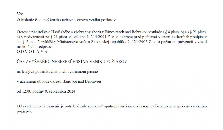 Odvolanie času zvýšeného nebezpečenstva vzniku požiarov