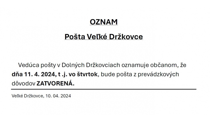 OZNAM - Pošta Veľké Držkovce