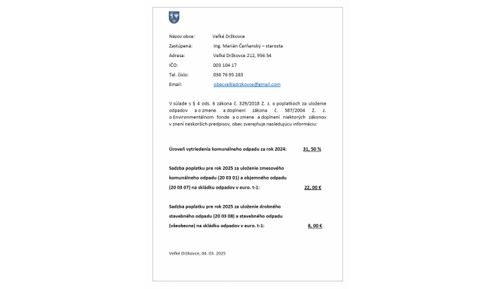 Oznámenie - Úroveň vytriedenia komunálneho odpadu v obci Veľké Držkovce za rok 2024