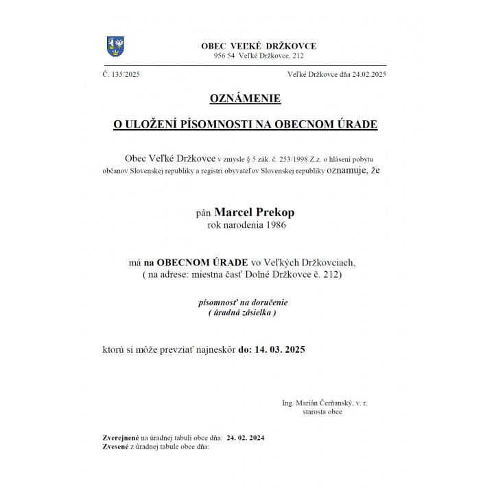 Oznámenie o uložení písomnosti na obecnom úrade - Marcel Prekop