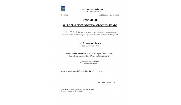 Oznámenie o uložení písomnosti na obecnom úrade - Miroslav Šimun