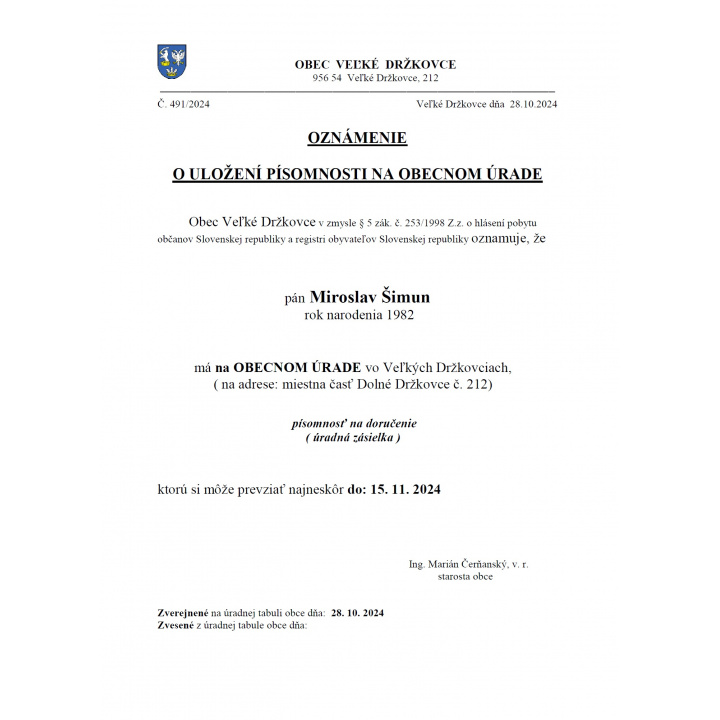 Oznámenie o uložení písomnosti na obecnom úrade - Miroslav Šimun