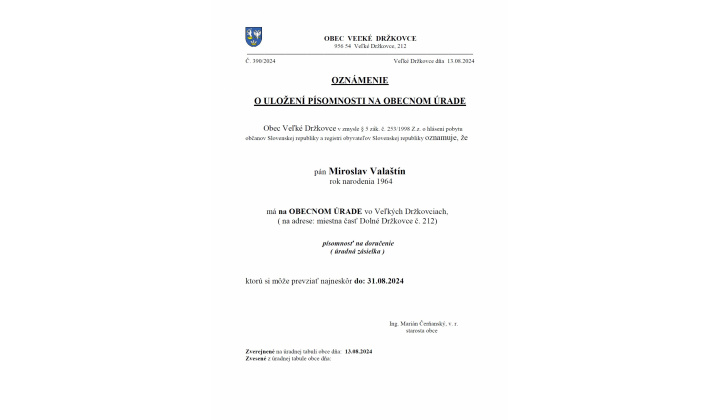 Oznámenie o uložení písomnosti na obecnom úrade - Miroslav Valaštín