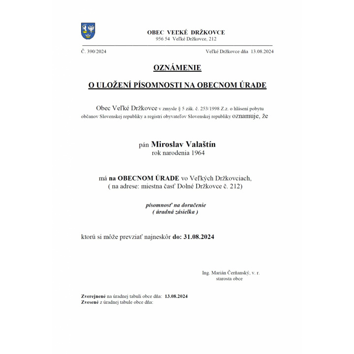 Oznámenie o uložení písomnosti na obecnom úrade - Miroslav Valaštín