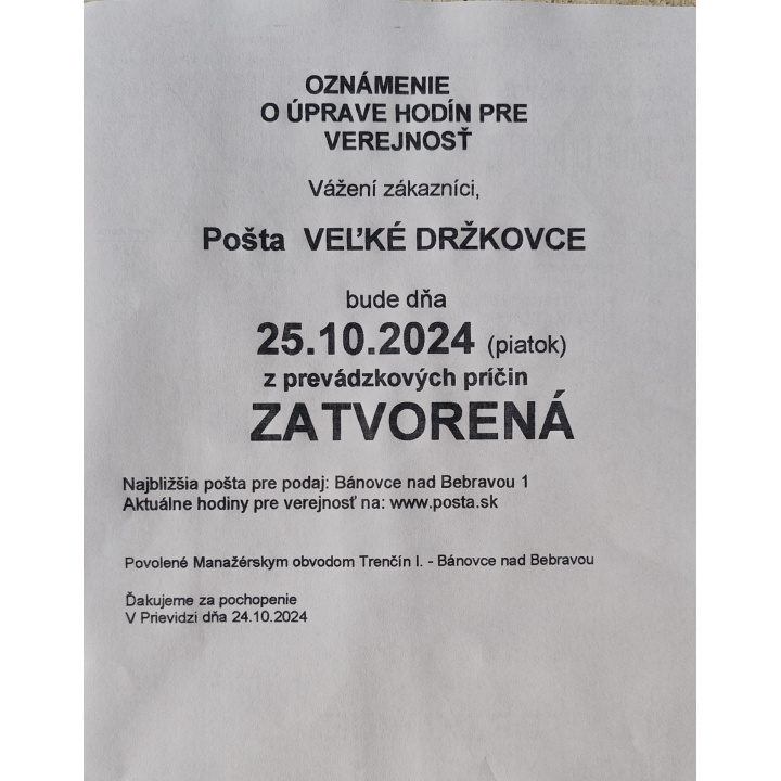 Oznámenie o úprave hodín pre verejnosť - Pošta Veľké Držkovce