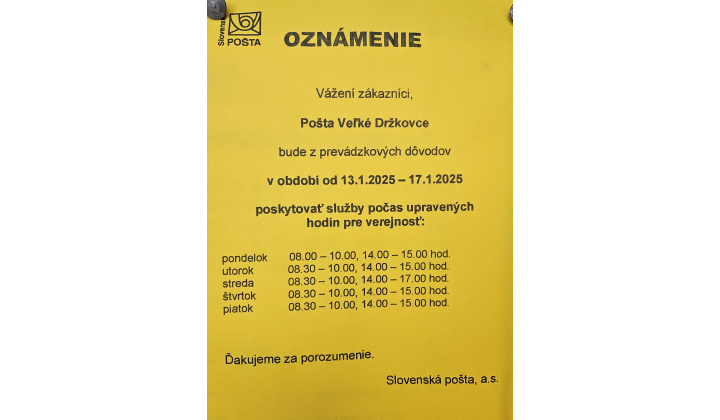 Oznámenie o úprave hodín pre verejnosť - Pošta Veľké Držkovce