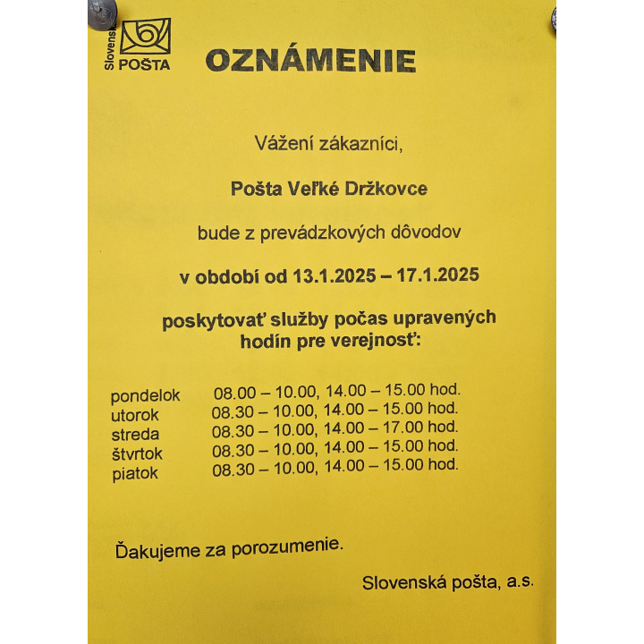 Oznámenie o úprave hodín pre verejnosť - Pošta Veľké Držkovce