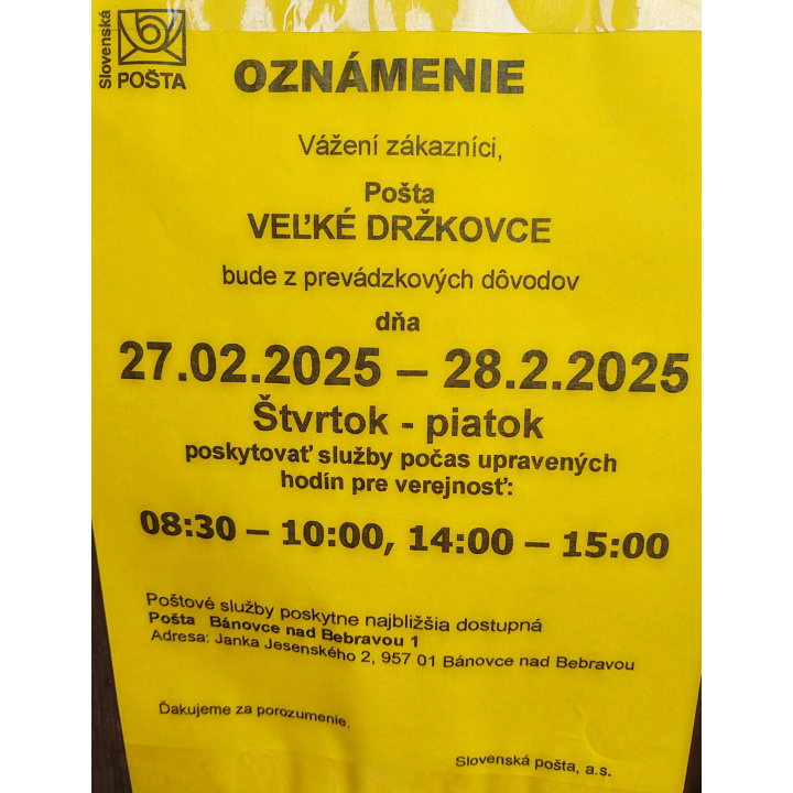 Oznámenie o úprave hodín pre verejnosť - Pošta Veľké Držkovce