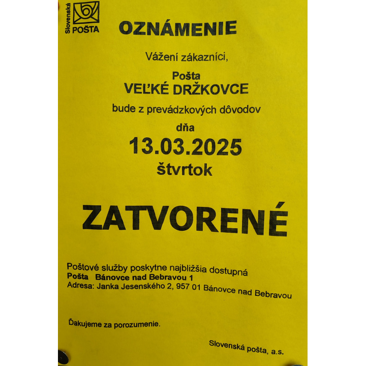 Oznámenie o úprave hodín pre verejnosť - Pošta Veľké Držkovce