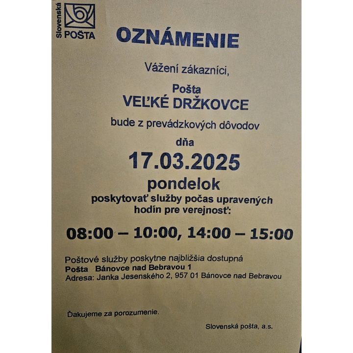 Oznámenie o úprave hodín pre verejnosť - Pošta Veľké Držkovce