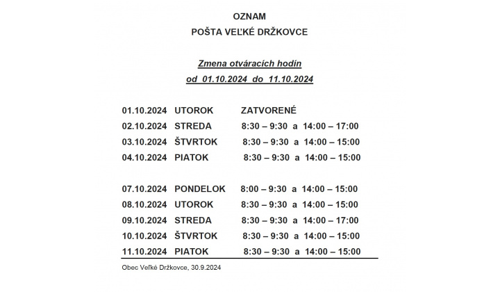 Zmena otváracích hodín - Pošta Veľké Držkovce