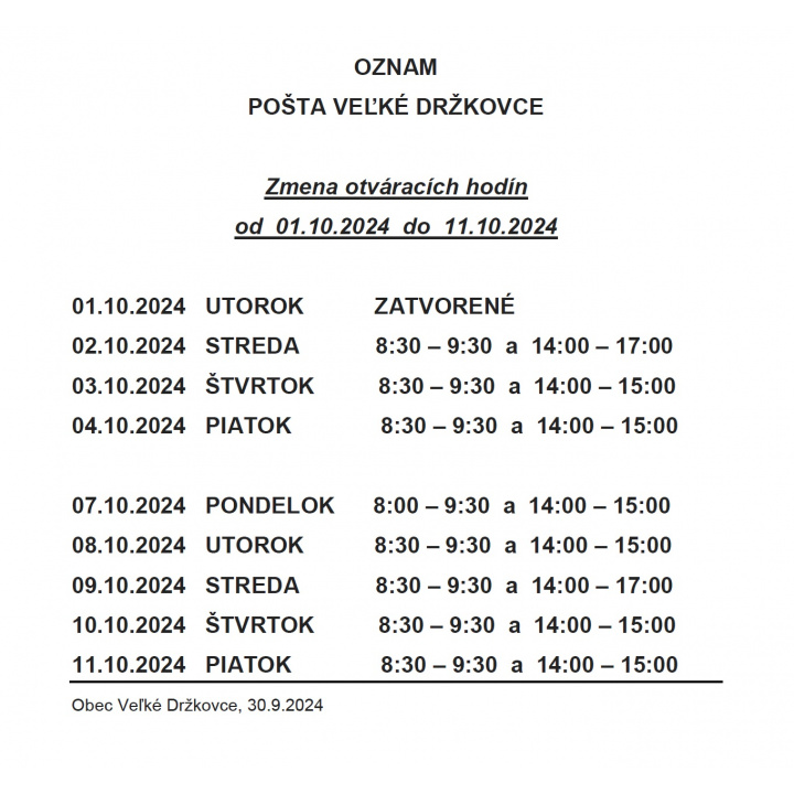 Zmena otváracích hodín - Pošta Veľké Držkovce